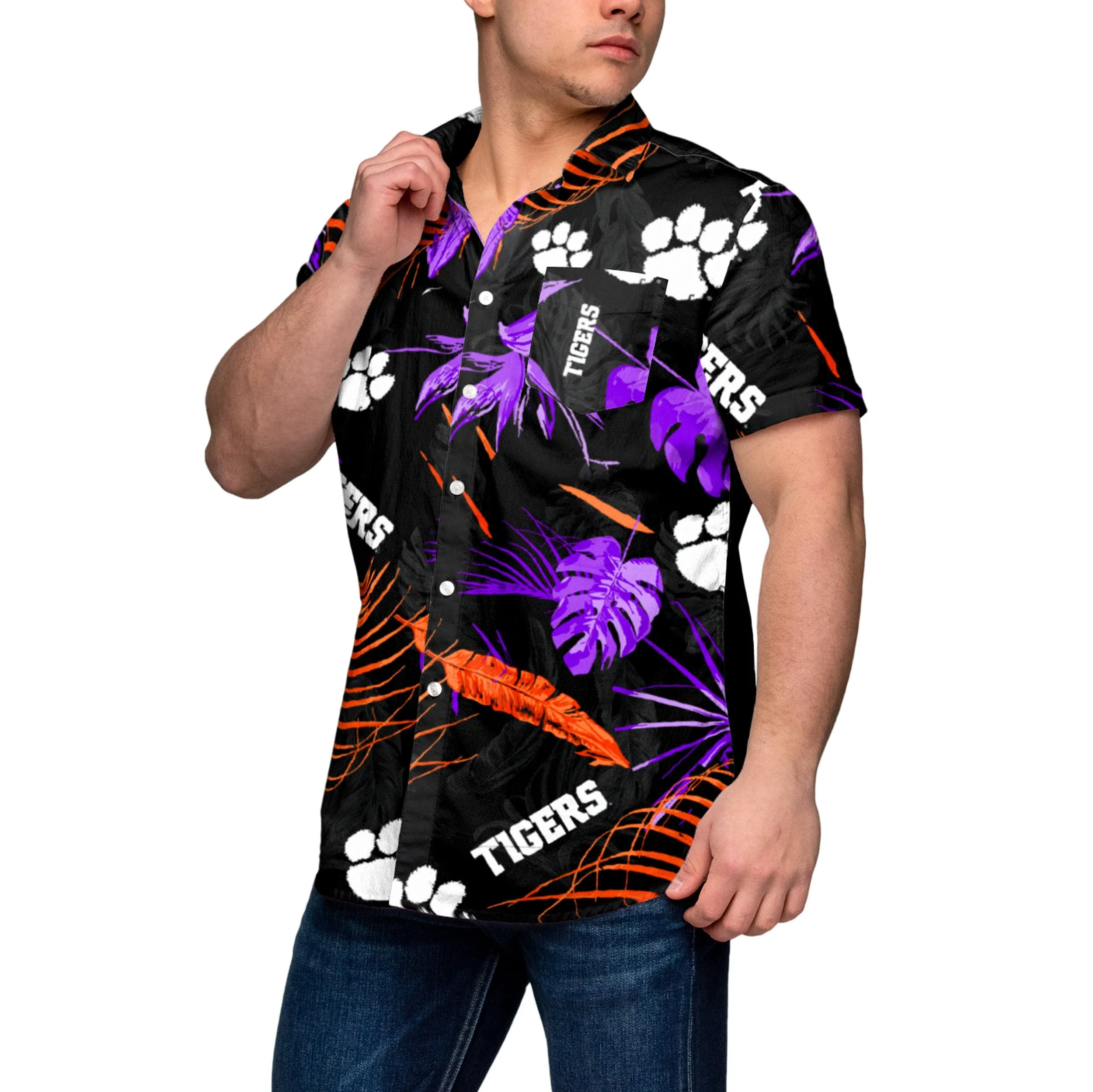 Clemson Tigers NCAA Mens Neon Palm Button Up Shirt