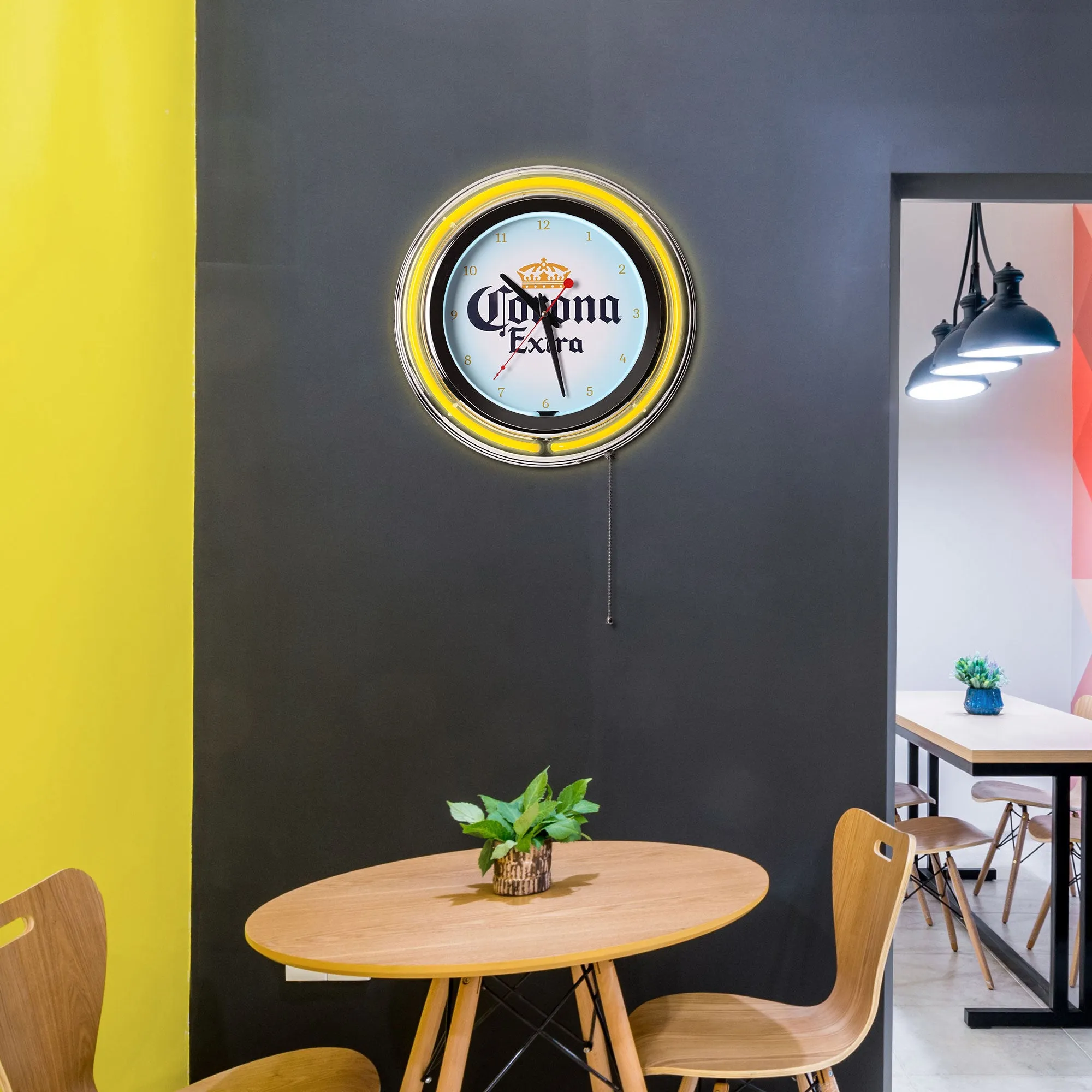 Corona Retro Round Neon Wall Analog Clock with Pull Chain - 14.5"