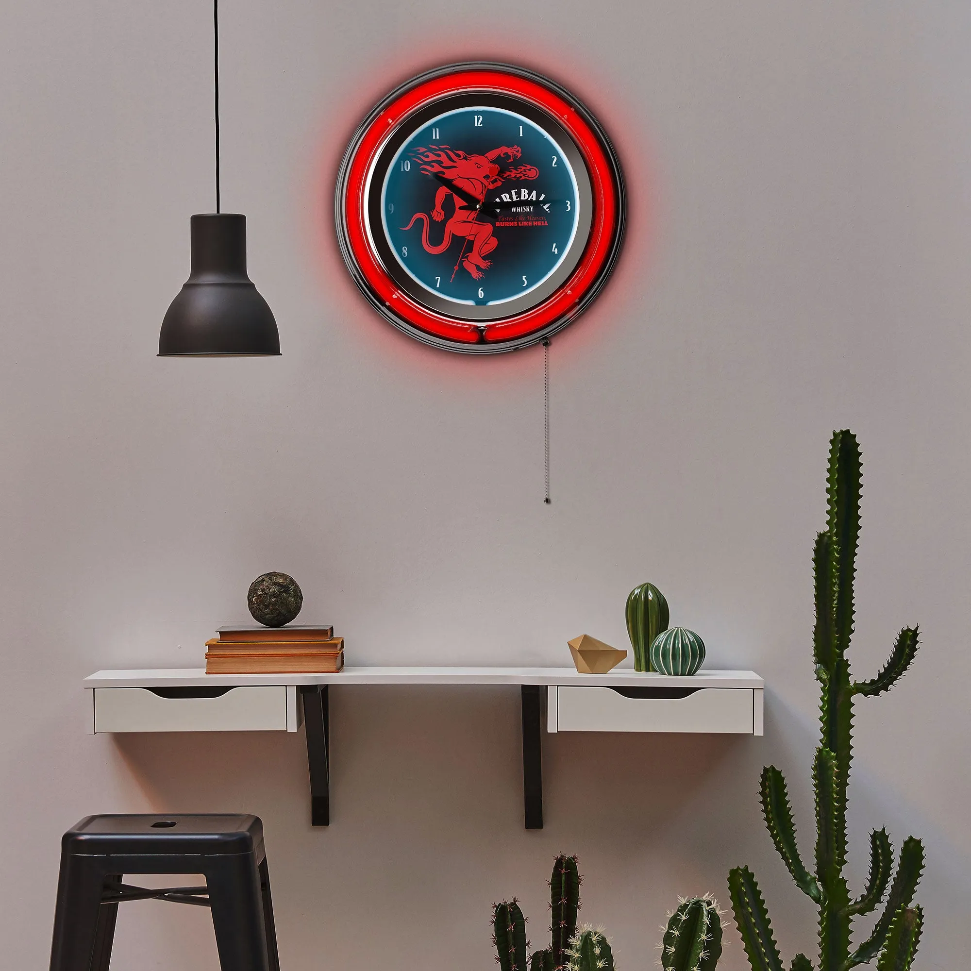 Fireball Retro Round Neon Wall Analog Clock with Pull Chain, 14.5"