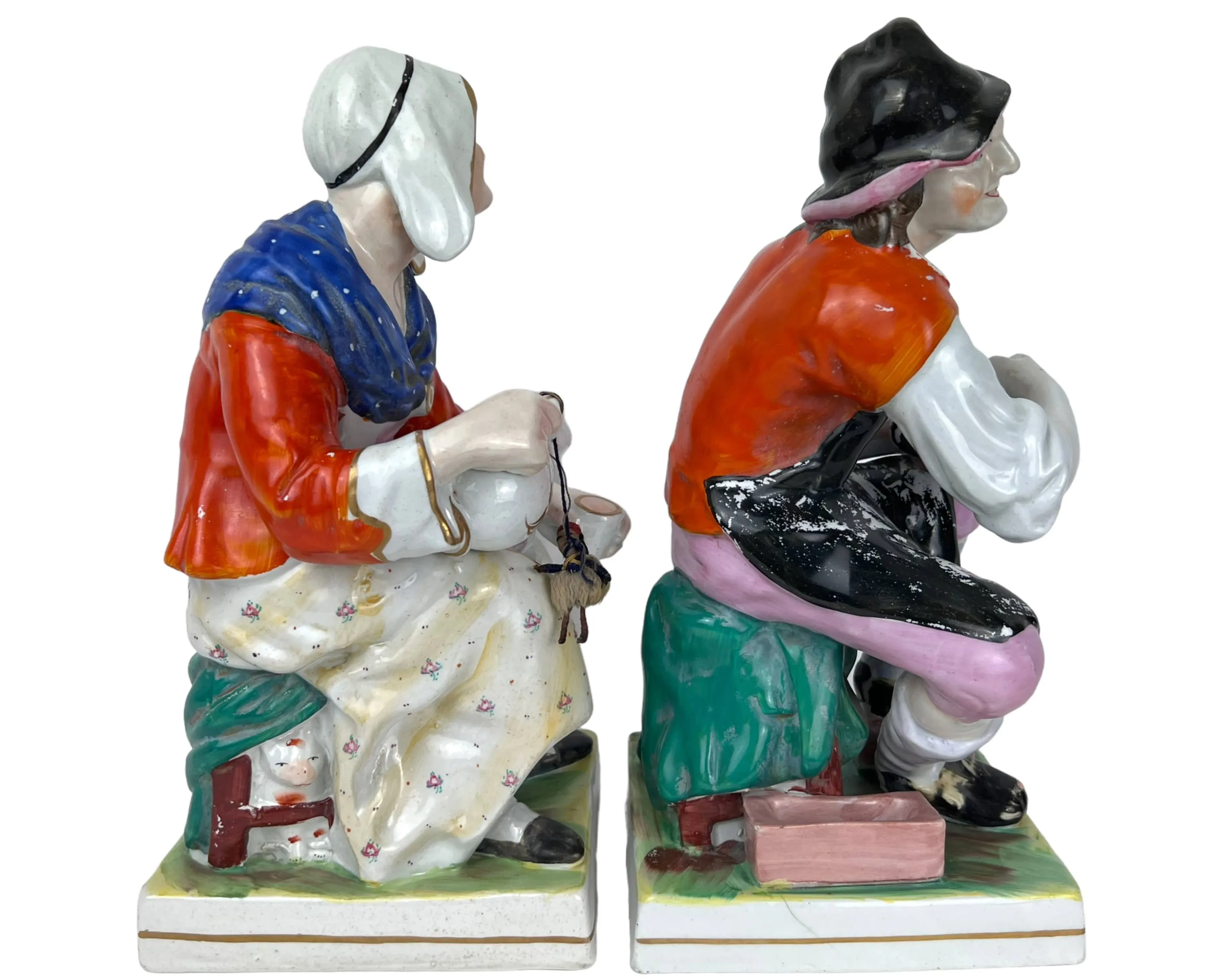 Large Antique Staffordshire Pottery Figures Cobbler Jobson & Wife Nell 19th c 12
