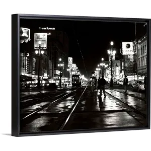 "1950's Night Scene Canal Street New Orleans Louisiana USA" Black Float Frame Canvas Art