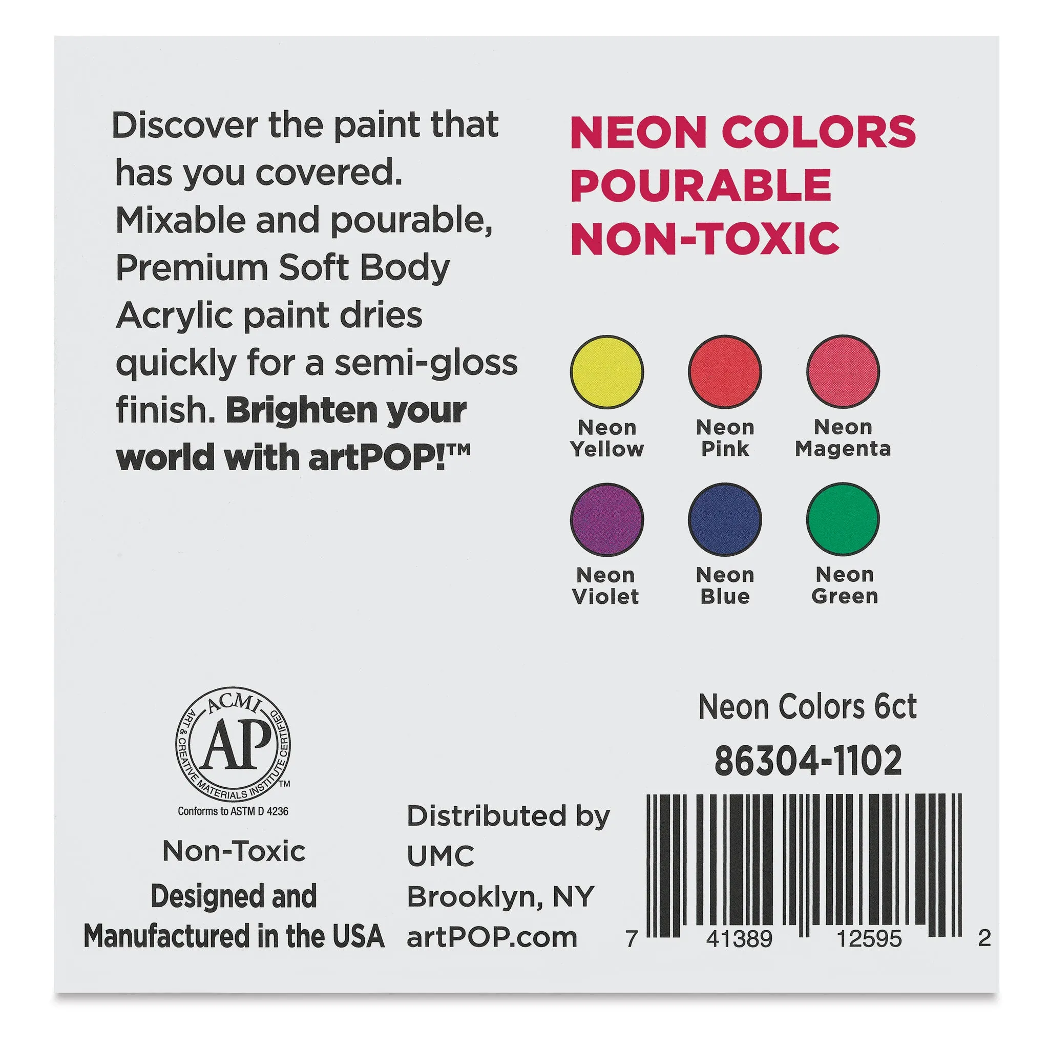 Soft Body Acrylic Paint - Set of 6, Neon Colors