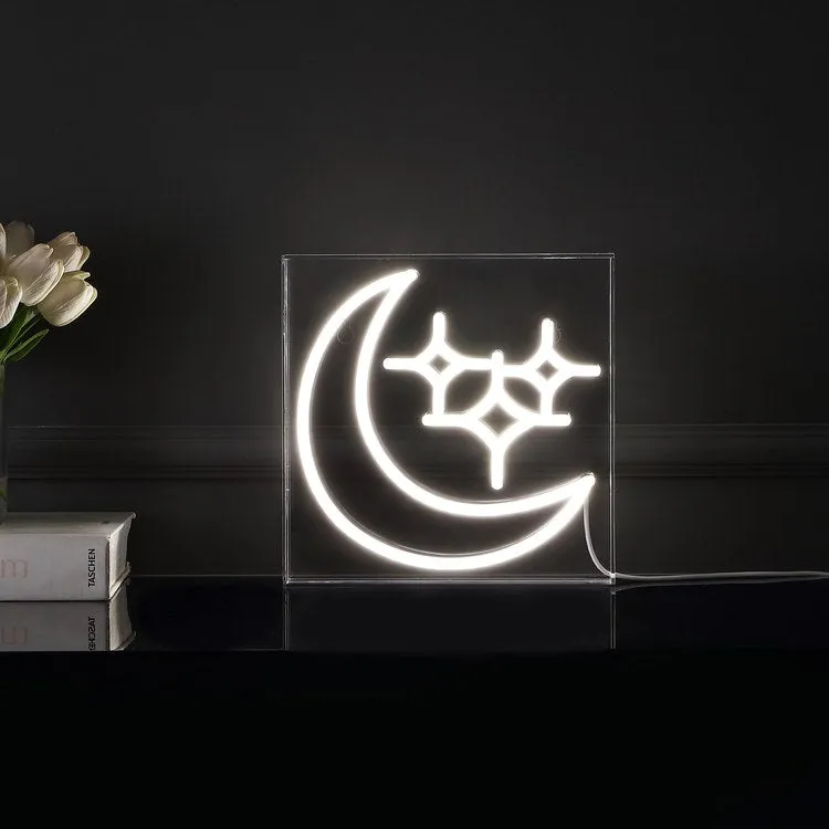 Starry Crescent 10" Square Acrylic Box USB-Operated LED Neon Light